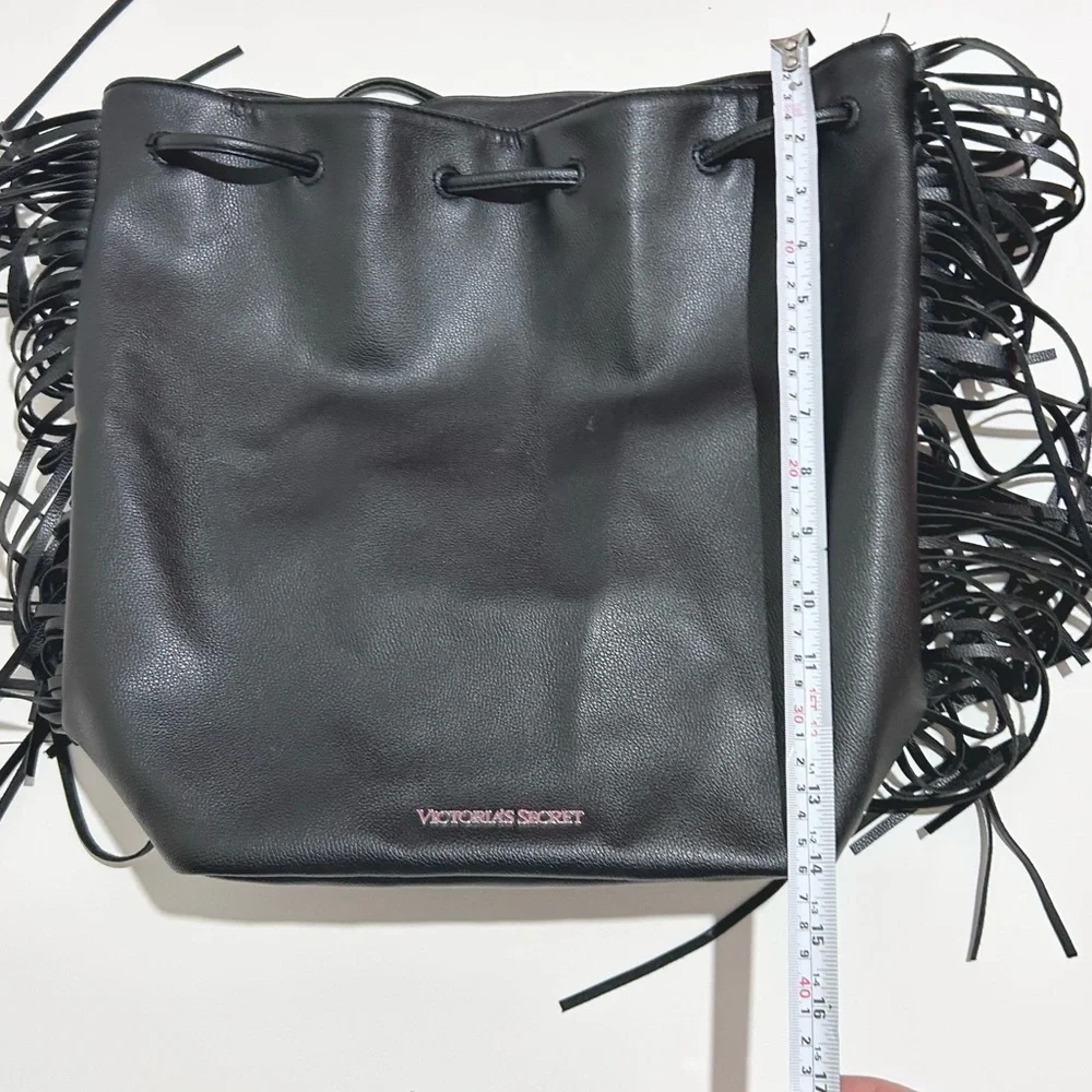 Victoria's Secret black faux leather tassel fringe drawstring purse backpack - Picture 5 of 7